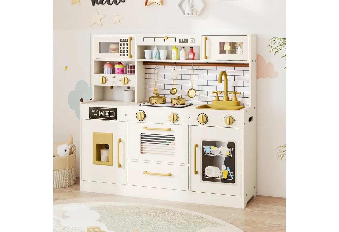 COSTWAY Spielküche MDF mit Herd, Licht, Sound, Wasserhahn, Spüle, Eisspender