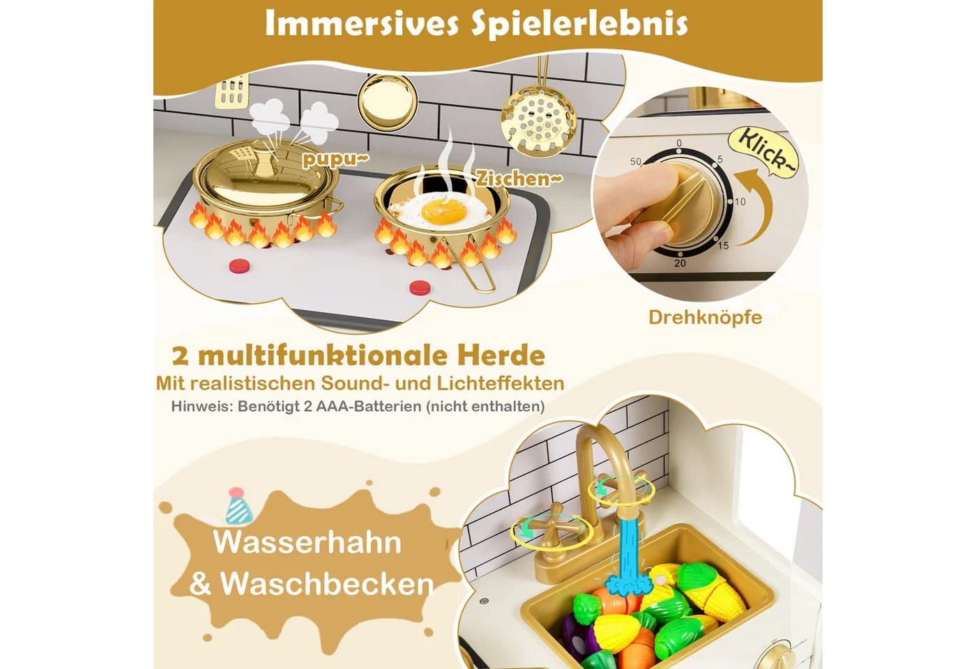 COSTWAY Spielküche MDF mit Herd, Licht, Sound, Wasserhahn, Spüle, Eisspender - Bild 3
