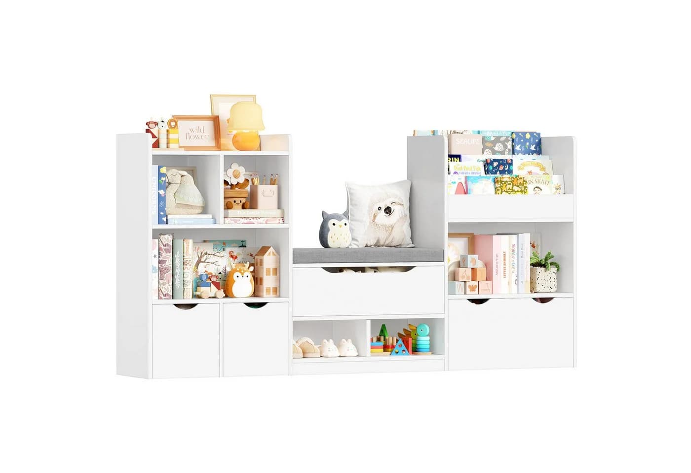 Homfa Sitzbank Kinderregal 3 Schubladen Räder 183x94x29,8 cm Spielzeugregal 7 Fächer Spielzeugtruhe Weiß - Bild 2
