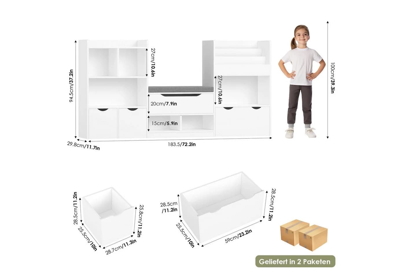 Homfa Sitzbank Kinderregal 3 Schubladen Räder 183x94x29,8 cm Spielzeugregal 7 Fächer Spielzeugtruhe Weiß - Bild 3