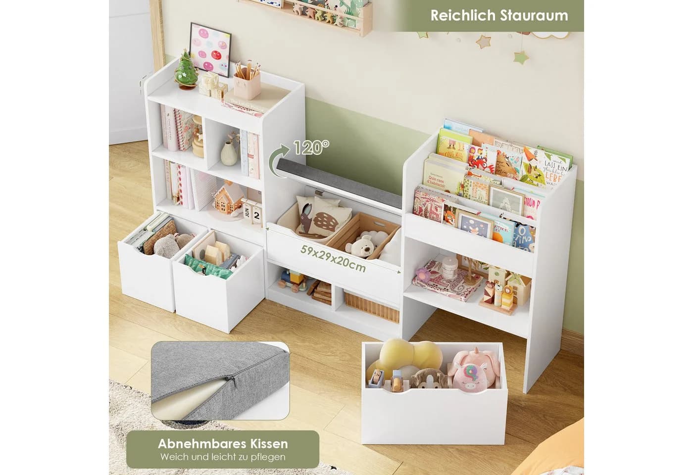 Homfa Sitzbank Kinderregal 3 Schubladen Räder 183x94x29,8 cm Spielzeugregal 7 Fächer Spielzeugtruhe Weiß - Bild 4