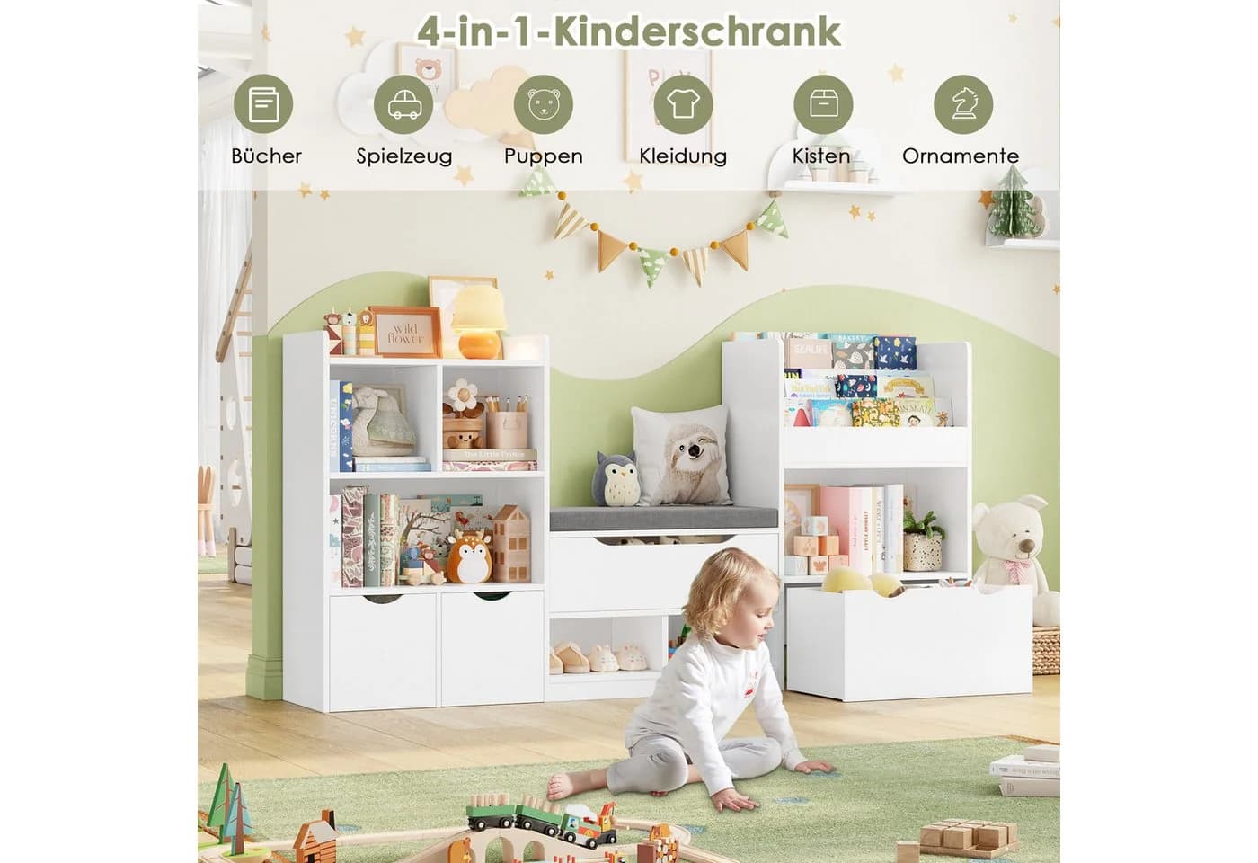 Homfa Sitzbank Kinderregal 3 Schubladen Räder 183x94x29,8 cm Spielzeugregal 7 Fächer Spielzeugtruhe Weiß - Bild 5