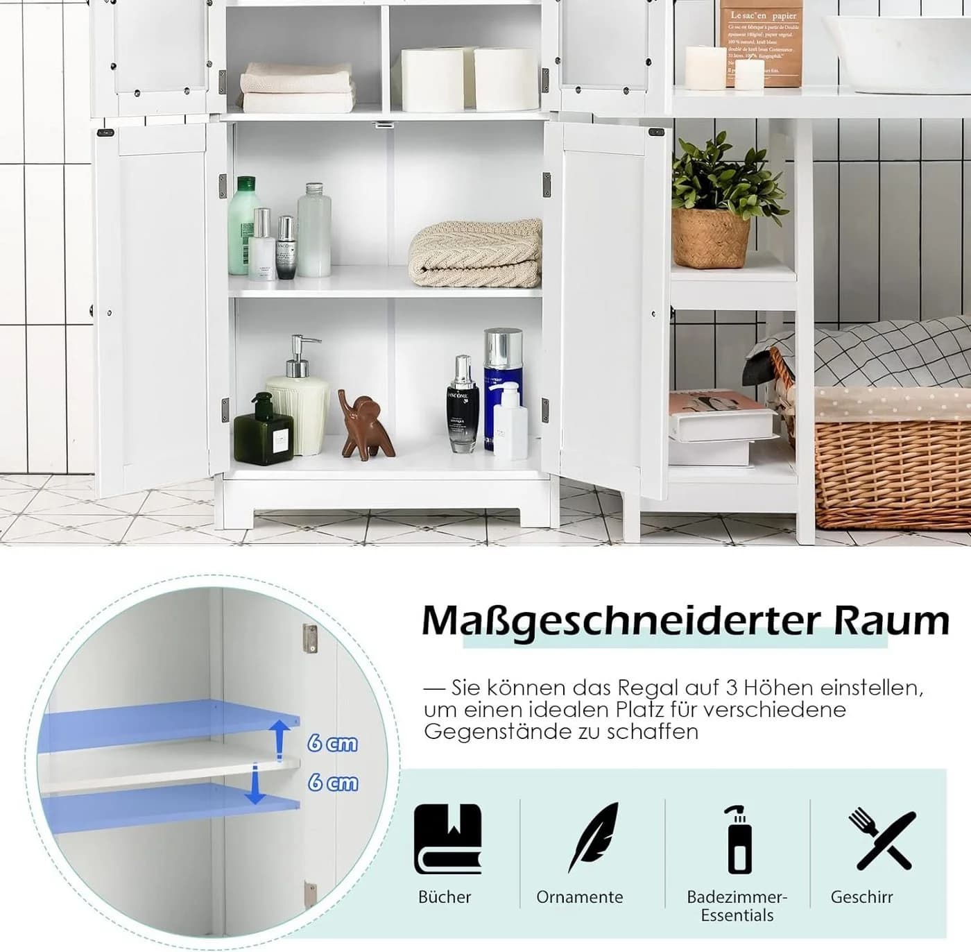 KOMFOTTEU Mehrzweckschrank Küchenschrank Badezimmerschrank 4 Ebenen Glastüren 58x30x109cm - Bild 1