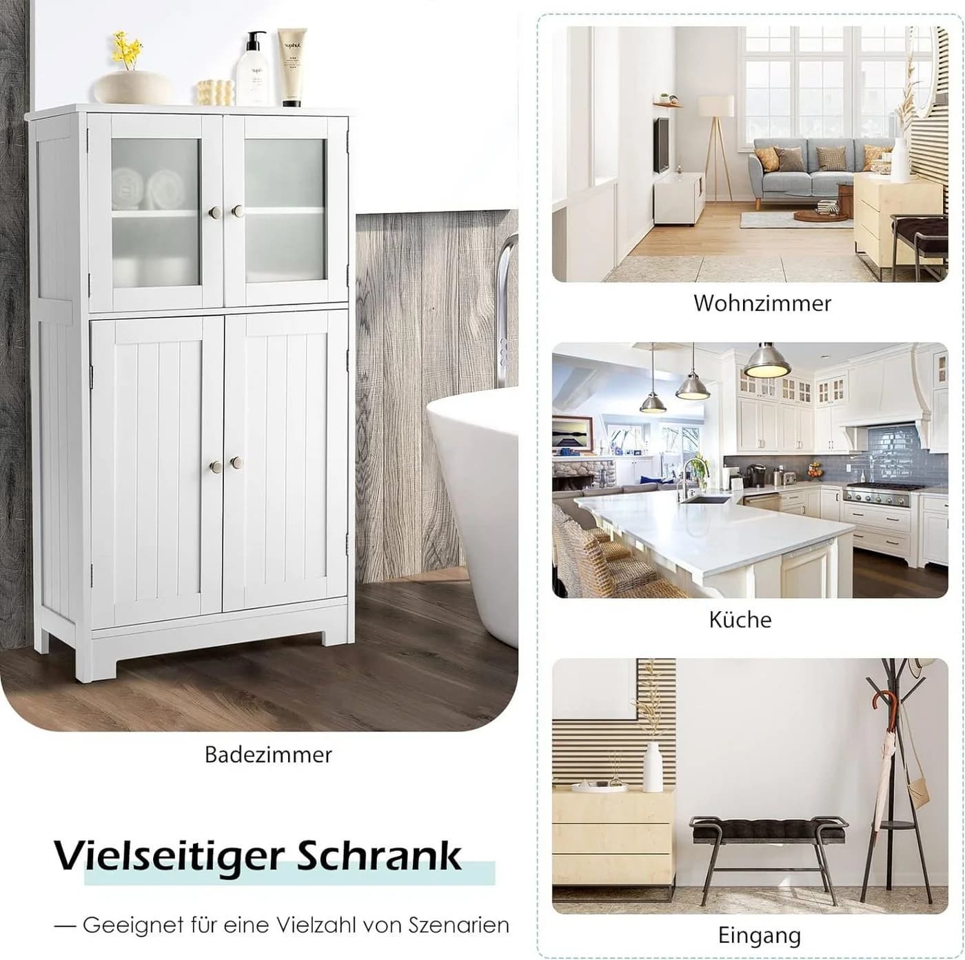 KOMFOTTEU Mehrzweckschrank Küchenschrank Badezimmerschrank 4 Ebenen Glastüren 58x30x109cm - Bild 4