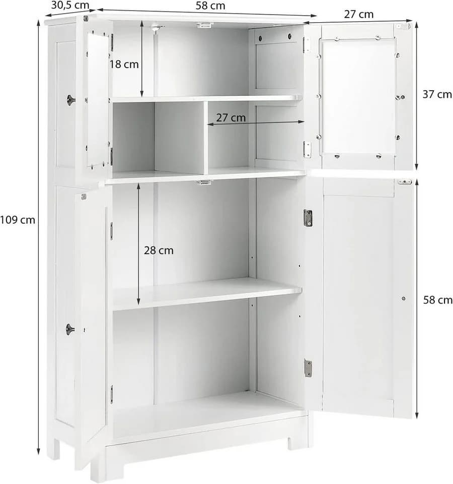 KOMFOTTEU Mehrzweckschrank Küchenschrank Badezimmerschrank 4 Ebenen Glastüren 58x30x109cm - Bild 5