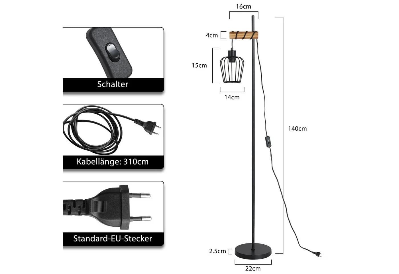 ZMH Stehlampe Wohnzimmer 1/2 Flammig 151CM Holz Retro Standleuchte Schwarz