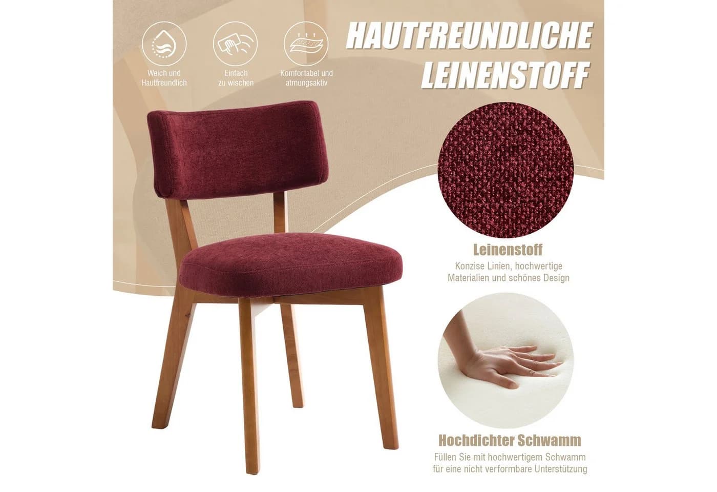 BlingBin Esszimmerstuhl Polsterstuhl 2er Set Rot Massivholz - Bild 4