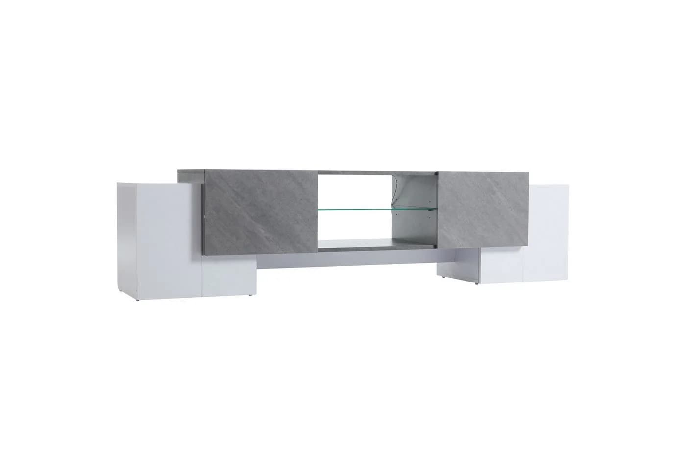KLAM HOME Lowboard Weiß Grau Hochglanz TV-Schrank mit LED
