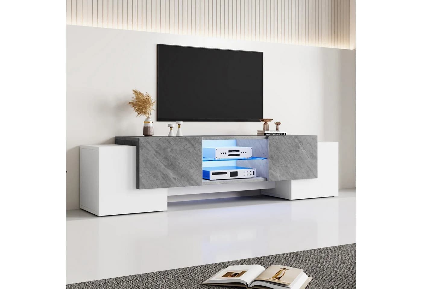 KLAM HOME Lowboard Weiß Grau Hochglanz TV-Schrank mit LED - Bild 2