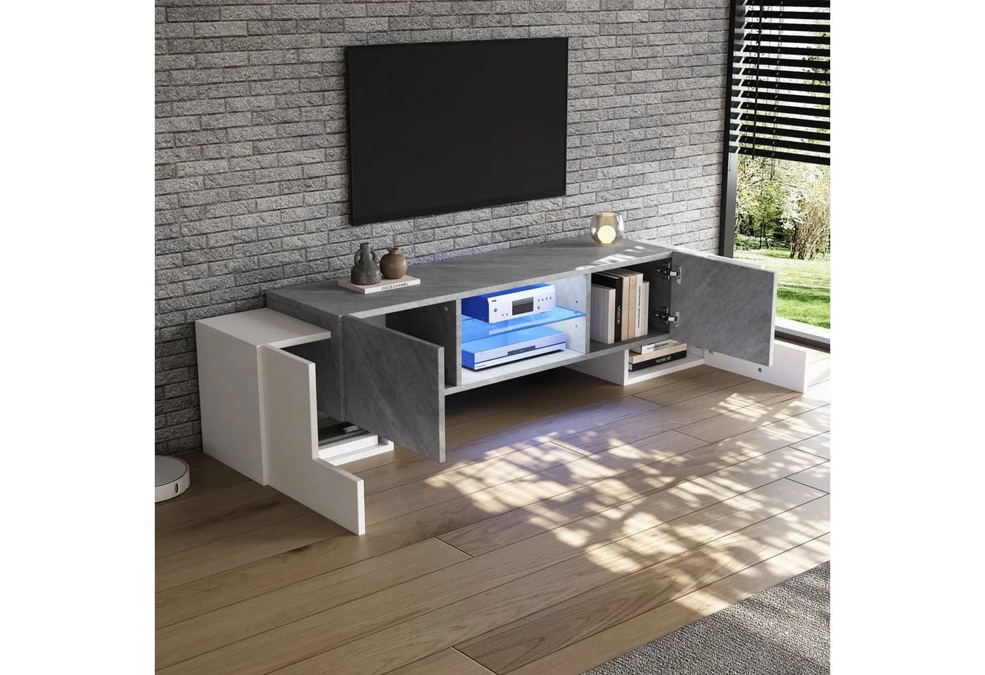 KLAM HOME Lowboard Weiß Grau Hochglanz TV-Schrank mit LED - Bild 3