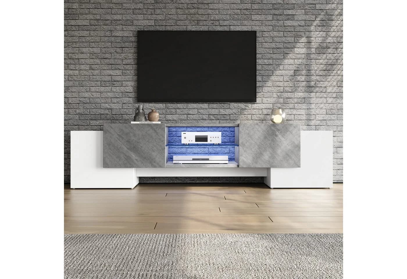 KLAM HOME Lowboard Weiß Grau Hochglanz TV-Schrank mit LED - Bild 5