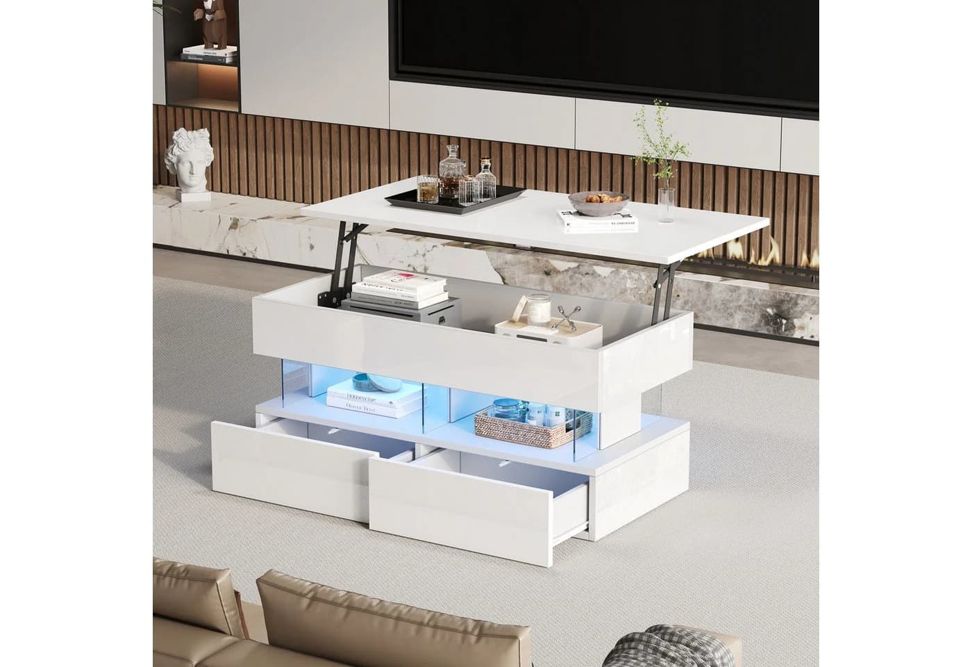 KLAM HOME Couchtisch Hubmechanismus Weiß Glas LED - Bild 2