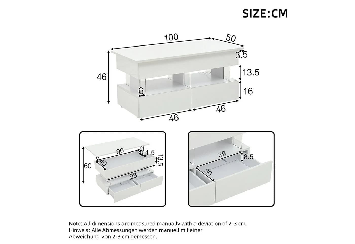KLAM HOME Couchtisch Hubmechanismus Weiß Glas LED - Bild 3