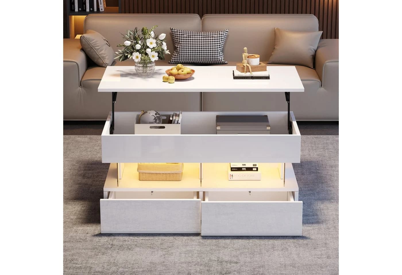 KLAM HOME Couchtisch Hubmechanismus Weiß Glas LED - Bild 5