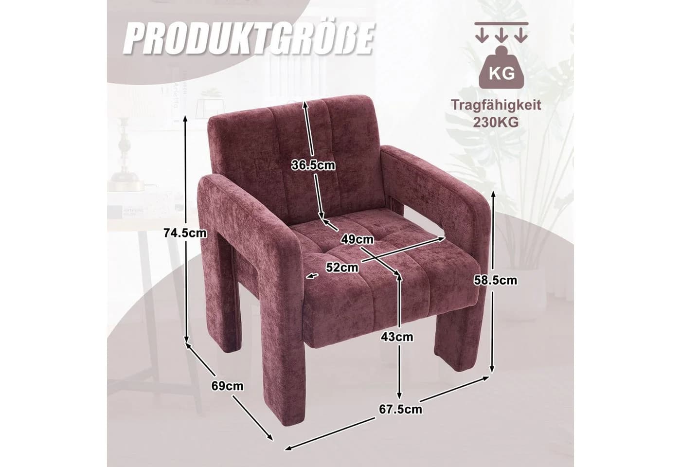KLAM HOME Sessel Modern Chenille Beige Skandinavisch - Bild 3