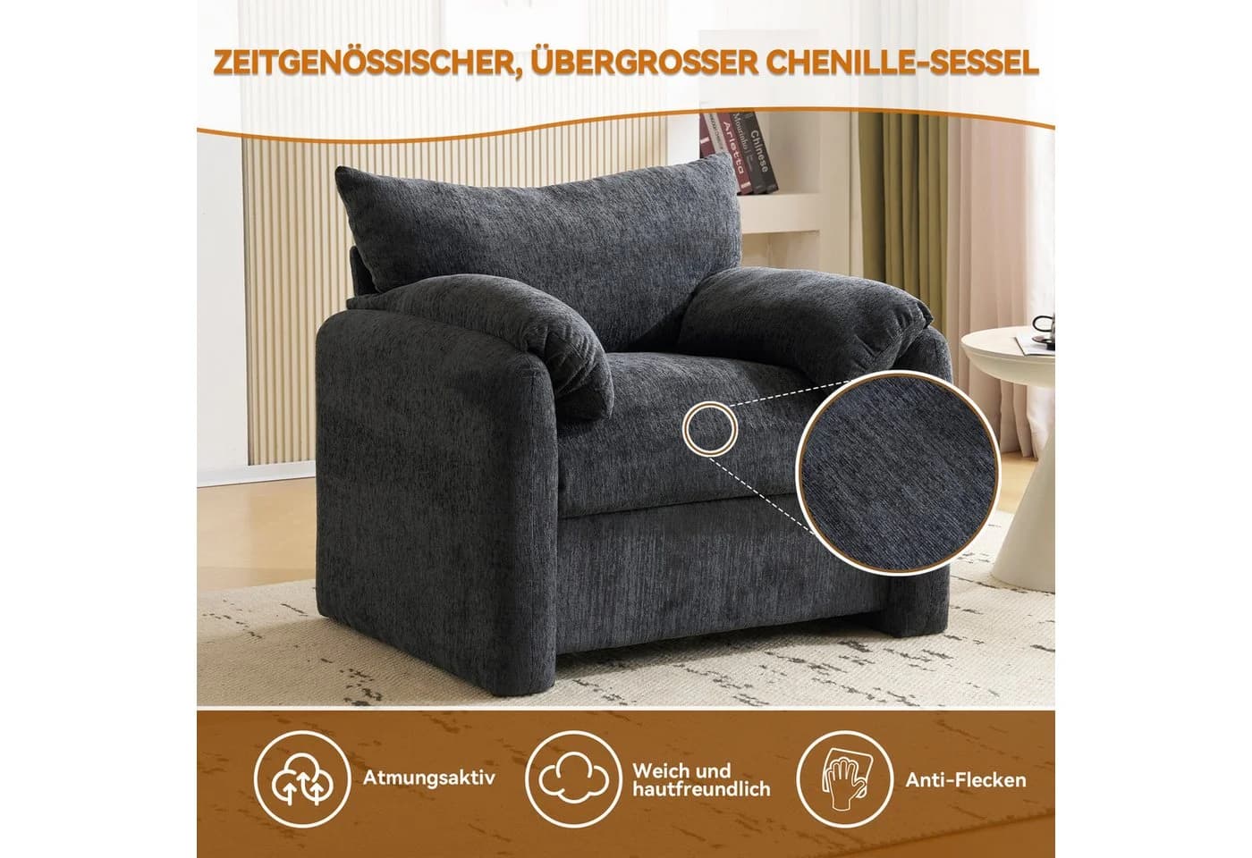 KLAM HOME Relaxsessel Modern Chenille-Stoff Grau - Bild 5