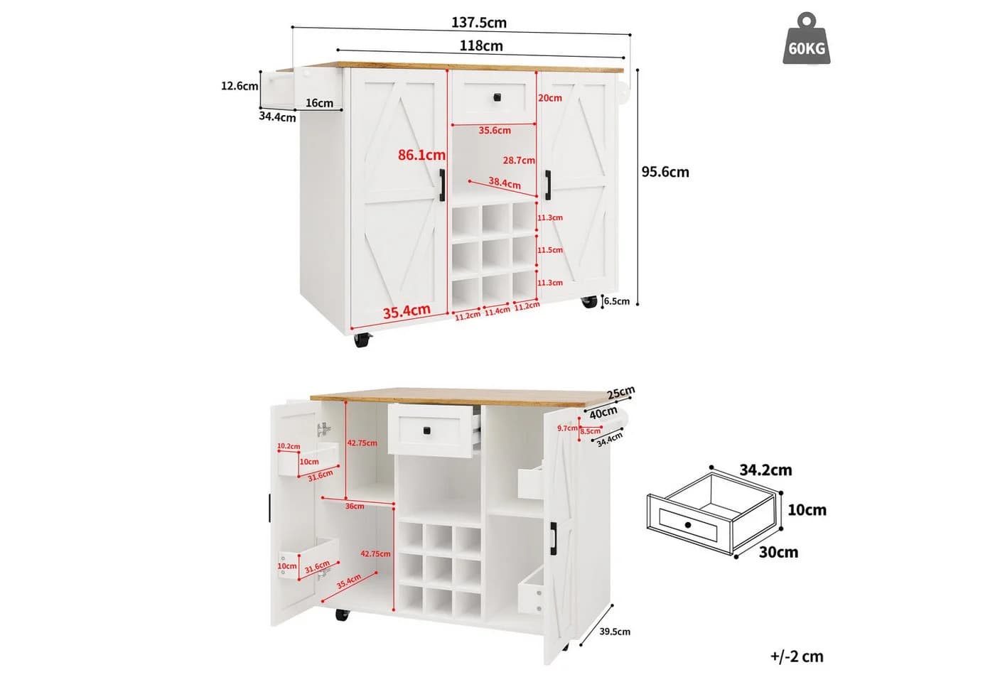 KLAM HOME Kücheninsel Weiß mit Klappbein und Stauraum - Bild 5
