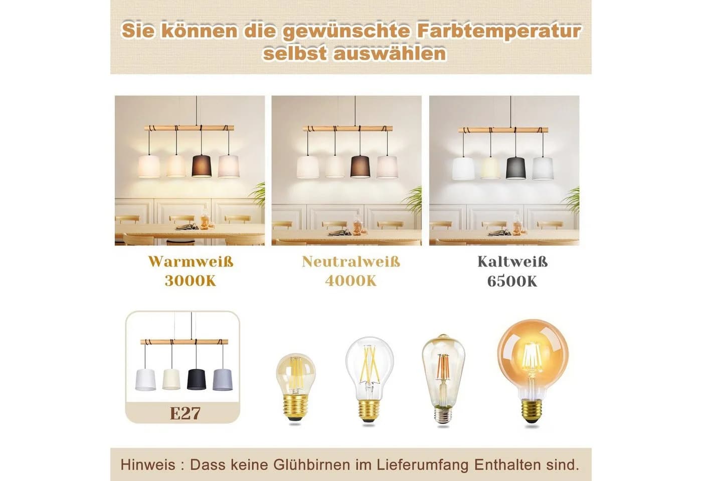 Nettlife Pendelleuchte Holz Esszimmer 4 Flammig Weiß Vintage E27 Hängeleuchte
