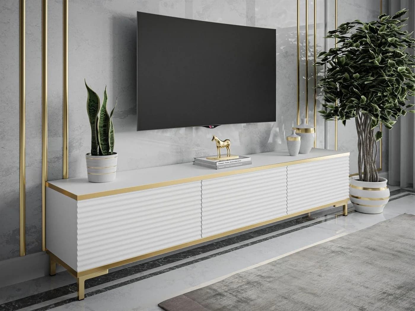 ALLHOUSE24 TV-Schrank RIVERA 175 cm Geriffelte Fronten Goldene Füße