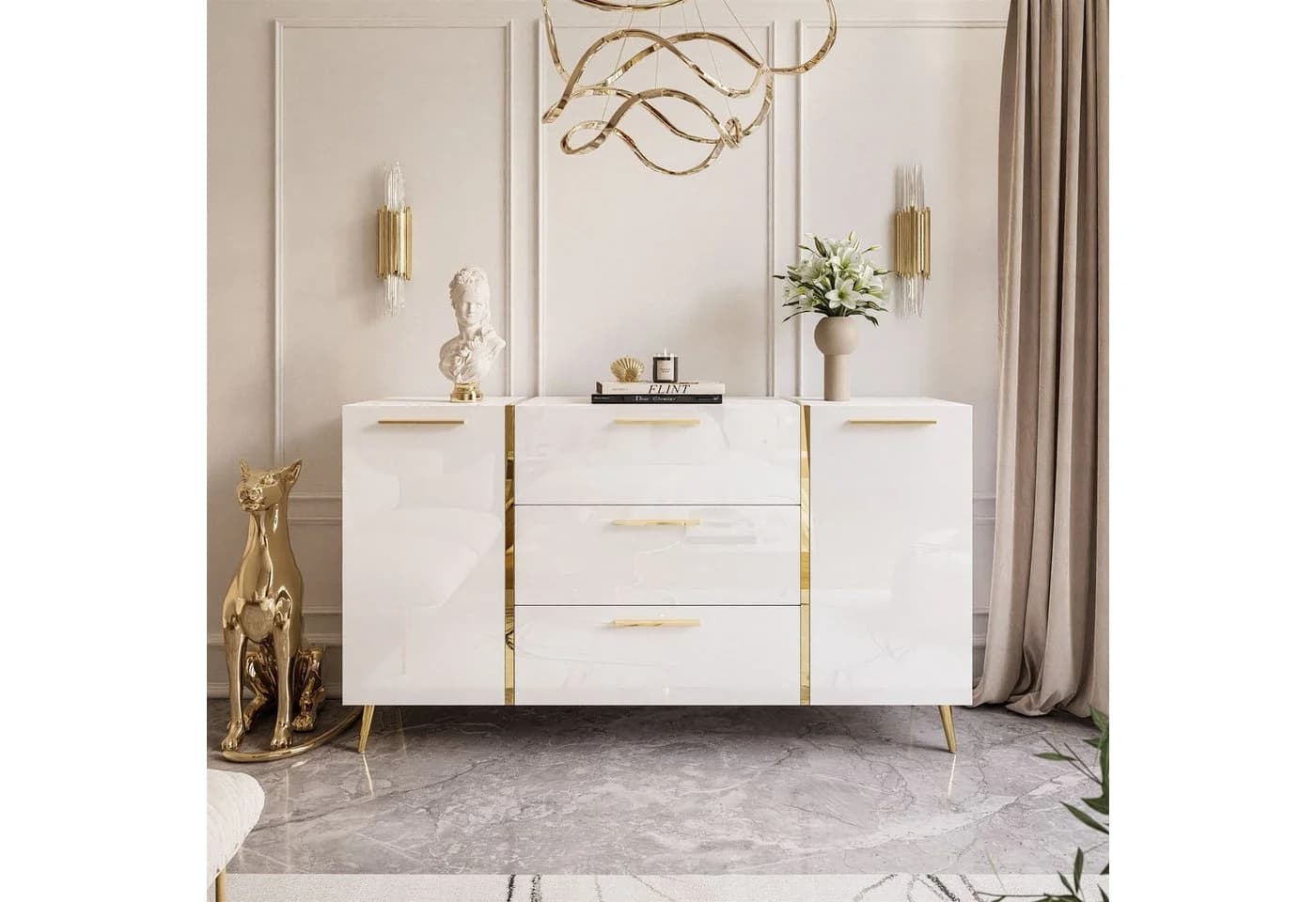ALLHOUSE24 Kommode DIAMANT 158 cm Breite Hochglanz Gold Sideboard