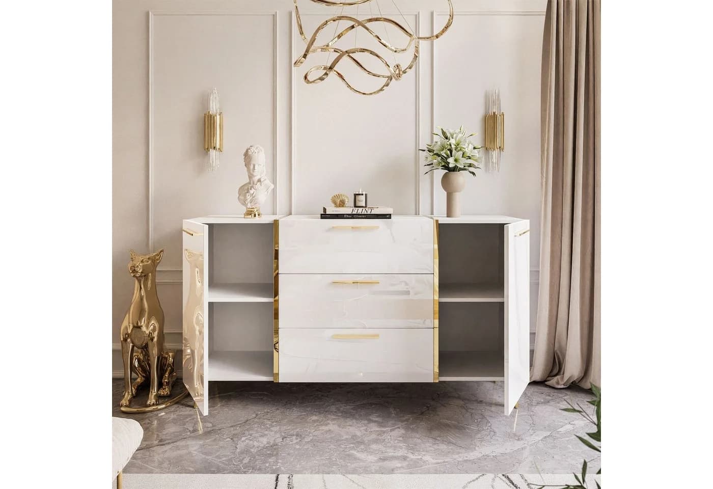 ALLHOUSE24 Kommode DIAMANT 158 cm Breite Hochglanz Gold Sideboard - Bild 4
