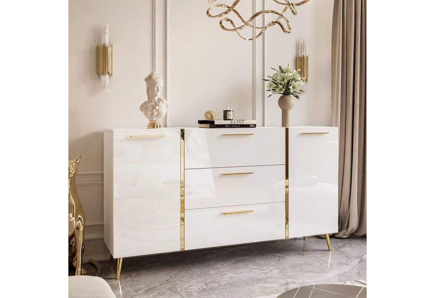 ALLHOUSE24 Kommode DIAMANT 158 cm Breite Hochglanz Gold Sideboard - Bild 5