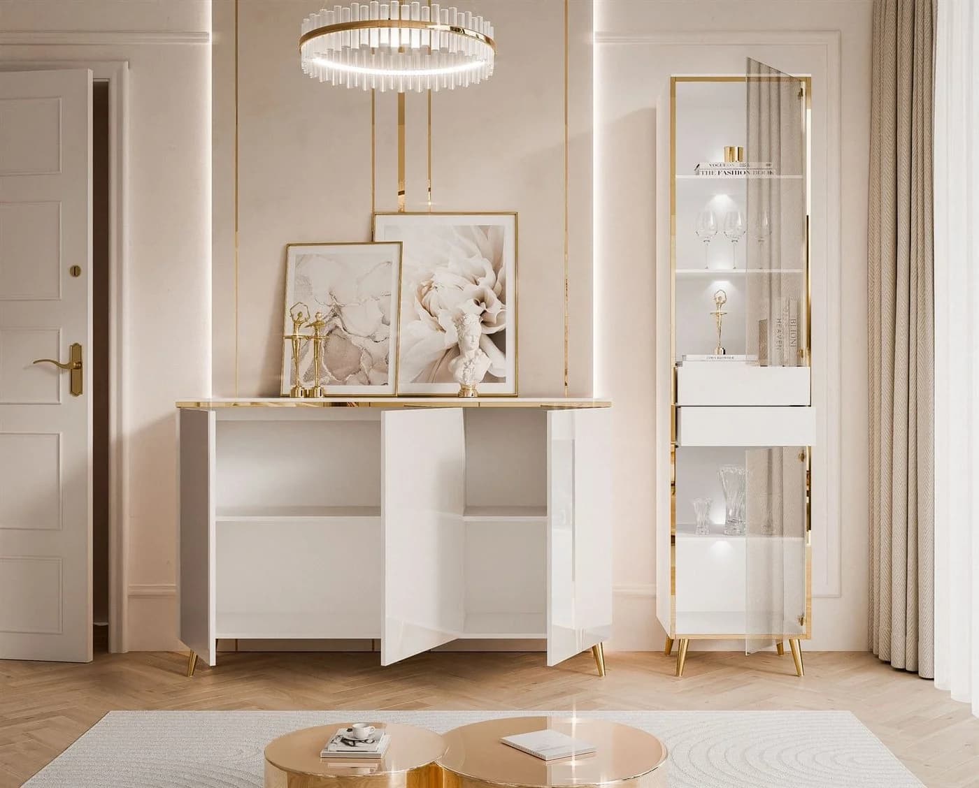 ALLHOUSE24 Wohnzimmer-Set PEONY weiß Hochglanz mit LED Beleuchtung