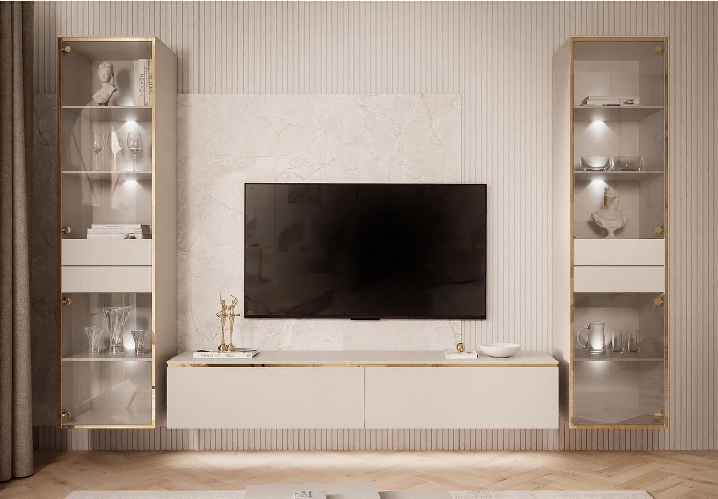 ALLHOUSE24 Wohnzimmer-Set PEONY KASCHMIR II GOLD mit LED Vitrinen & TV-Schrank