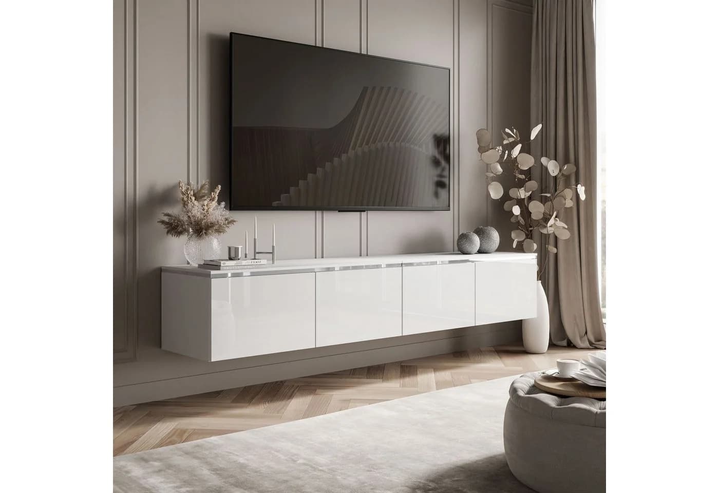 ALLHOUSE24 TV-Schrank NELLY SILBER Hängendes TV Lowboard Weiß Glanz mit LED-Beleuchtung