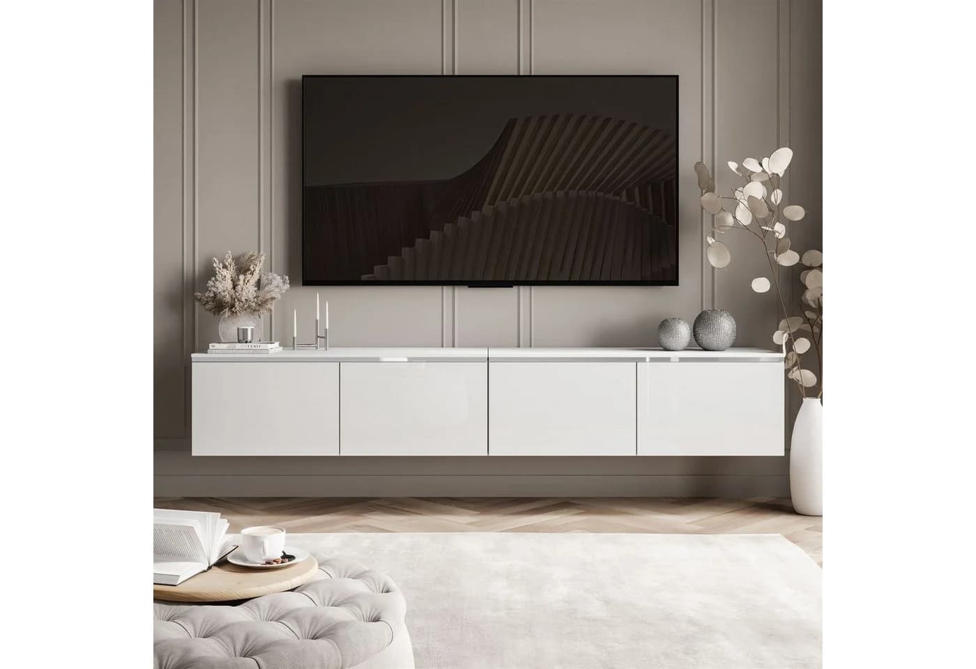ALLHOUSE24 TV-Schrank NELLY SILBER Hängendes TV Lowboard Weiß Glanz mit LED-Beleuchtung - Bild 3