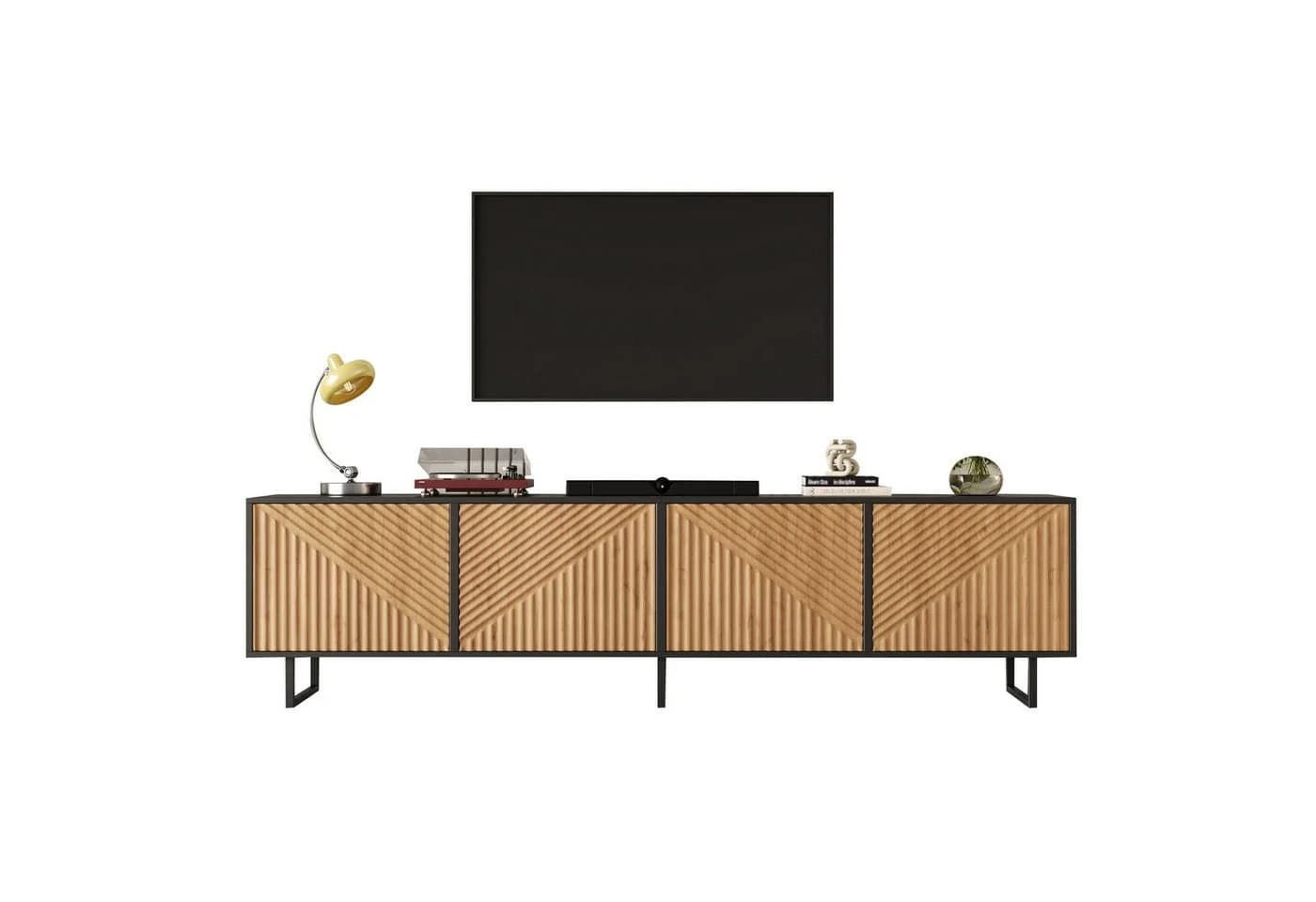 KLAM HOME TV Lowboard 180cm mit 4 Schranktüren Naturholz Schwarz