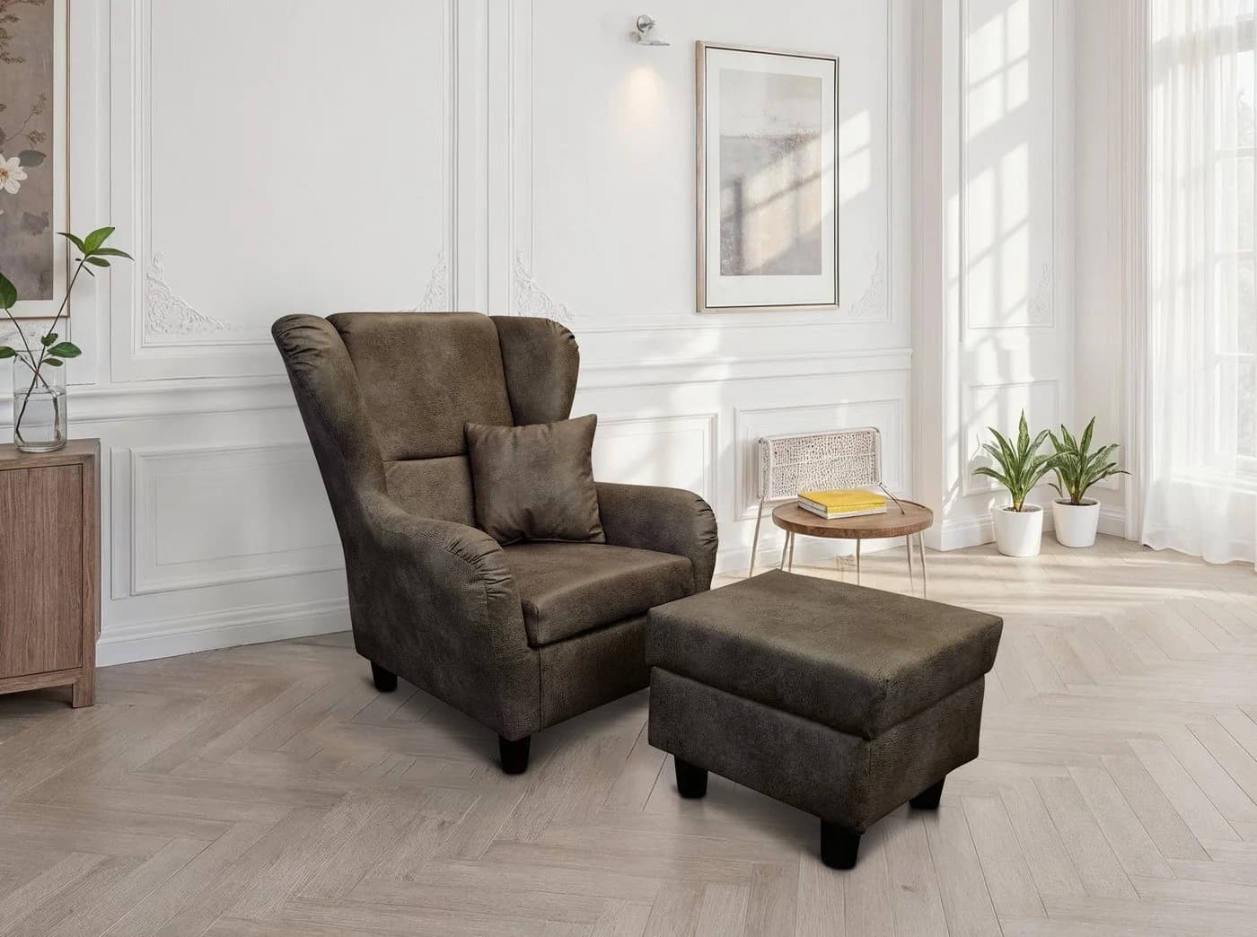 luma-home Ohrensessel 18005 Braun mit Hocker & Zierkissen