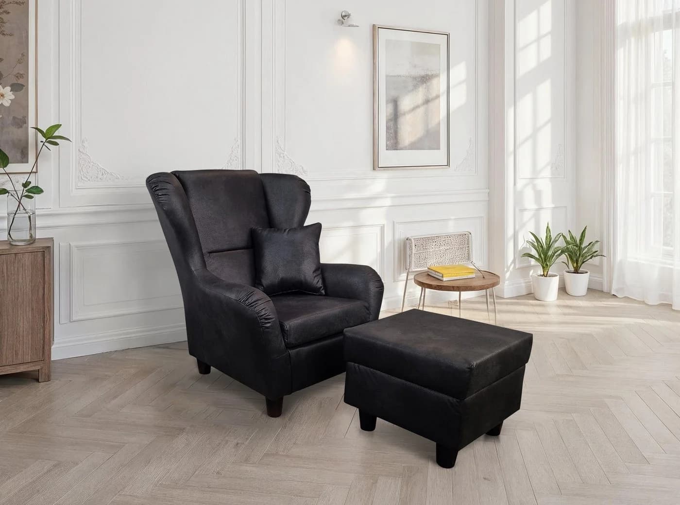 luma-home Ohrensessel Vintage Schwarz mit Hocker und Zierkissen