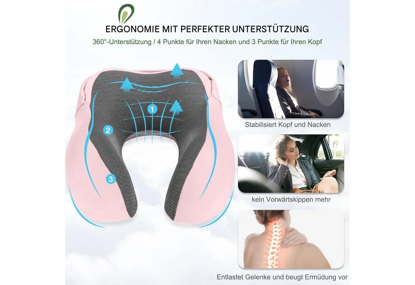 SURFOU Reisekissen Nackenkissen U-Form Memory Foam Rosa - Bild 4