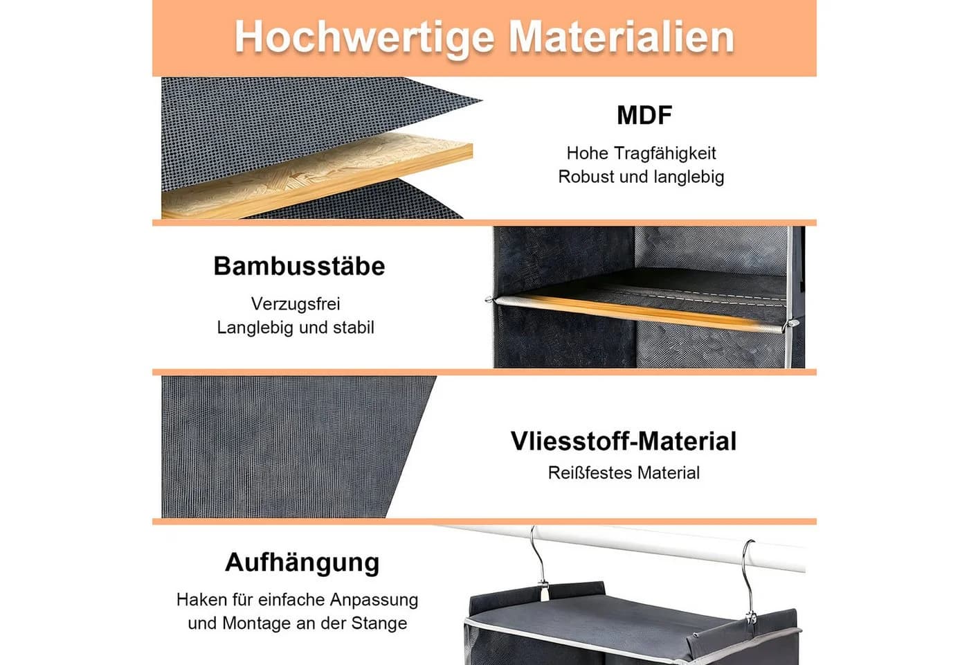 HEYHIPPO Hängeaufbewahrung 6 Fächer grau Bambusverstärkung - Bild 4