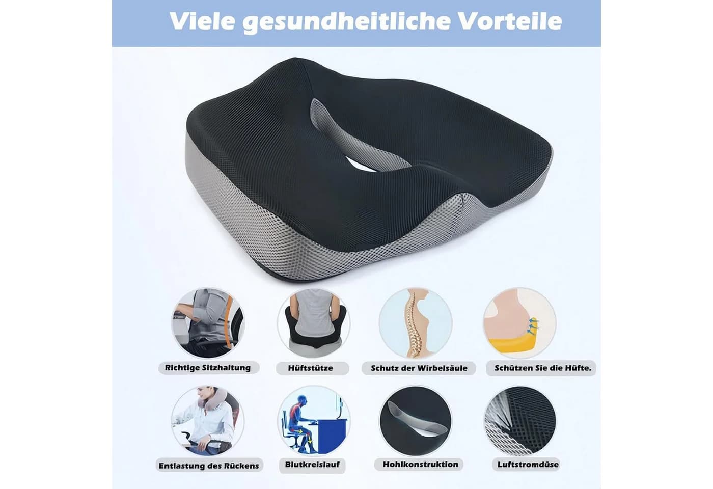 HEYHIPPO Sitzkissen Memory Foam Bürostuhlkissen Verdicktes Ergonomisches Sitzkissen Orthopädisch Schwarz - Bild 4