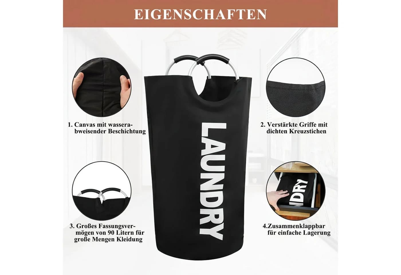 HEYHIPPO Wäschekorb Zwei tragbarer Wäschekorb, 90 Liter, faltbar, 79 x 43 cm, schwarz - Bild 4