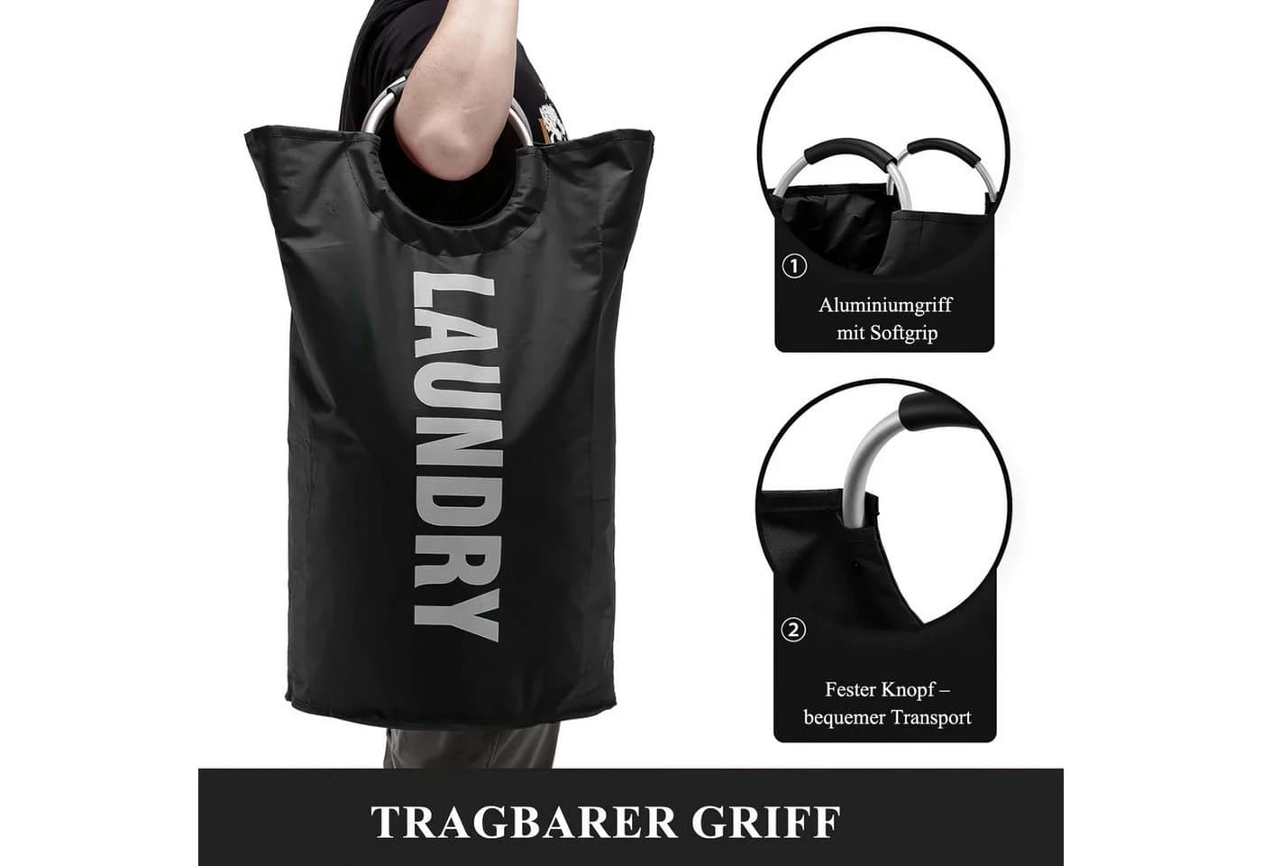 HEYHIPPO Wäschekorb Zwei tragbarer Wäschekorb, 90 Liter, faltbar, 79 x 43 cm, schwarz - Bild 5