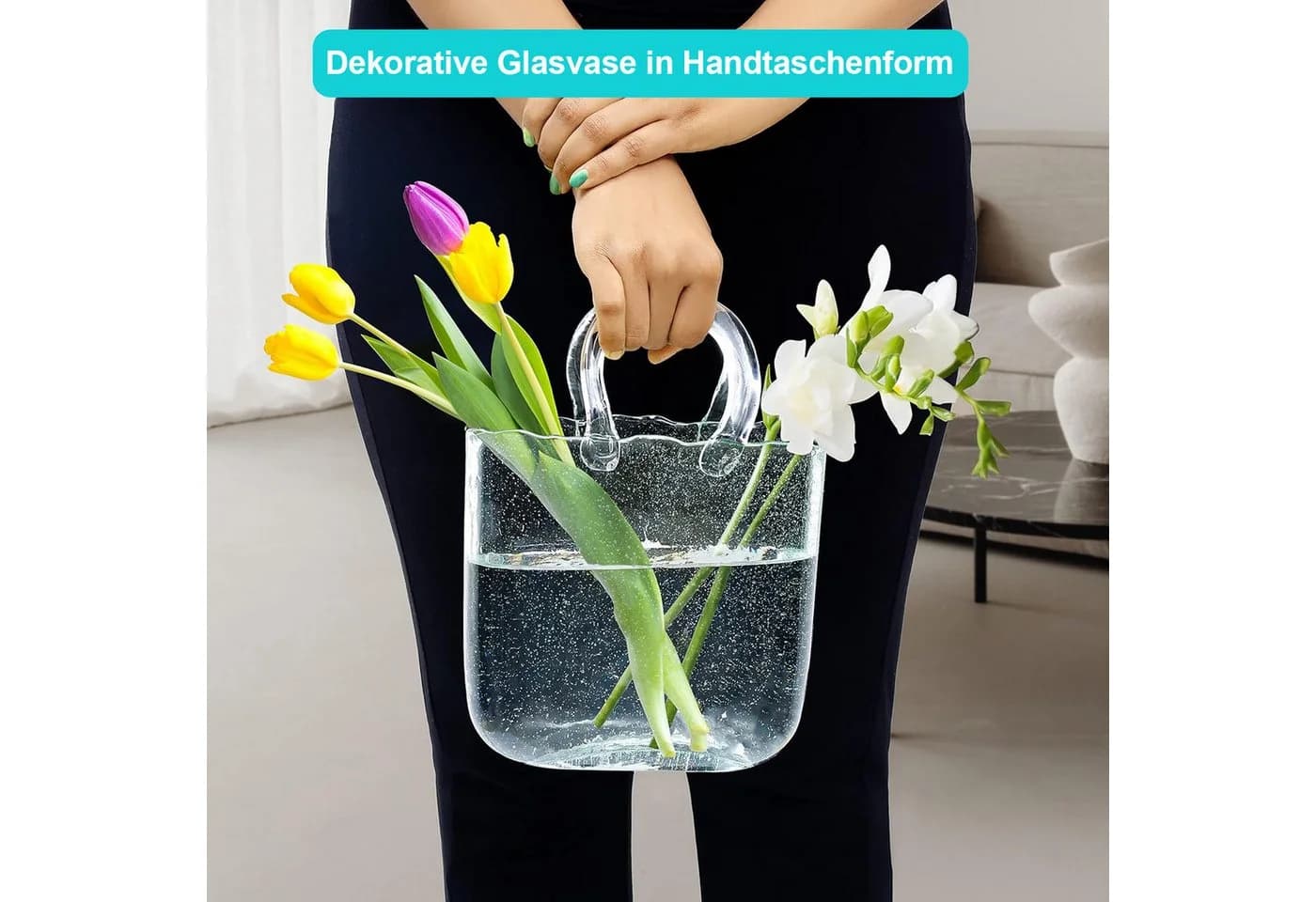 HEYHIPPO Dekovase Handtaschenform Hellblau Glas - Bild 5