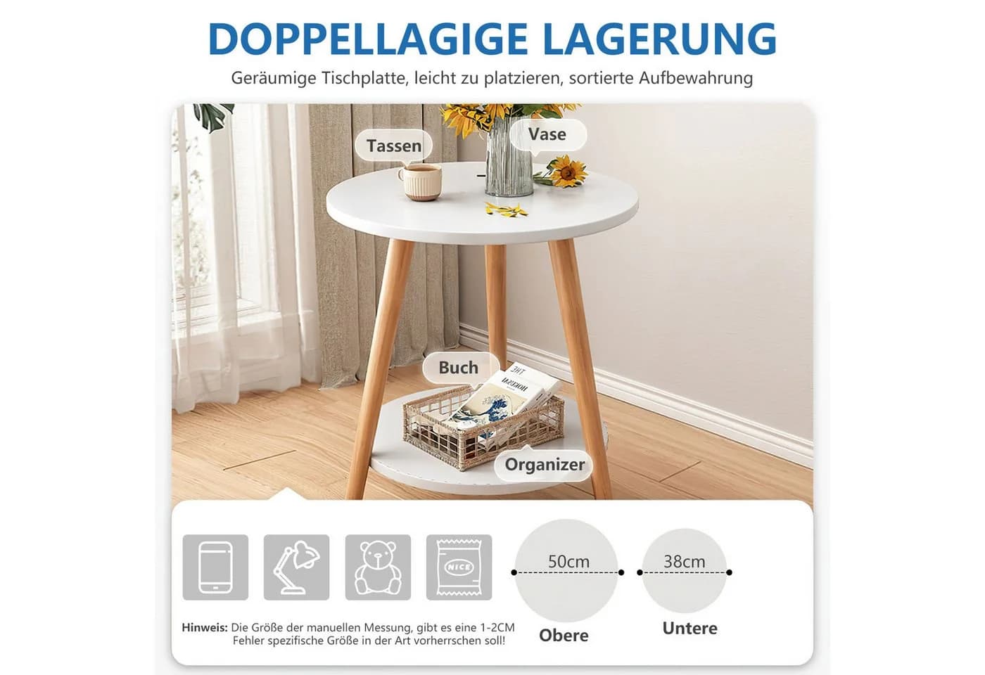 HEYHIPPO Beistelltisch Warmweißer Couchtisch aus Holz 50x50x60 cm - Bild 4