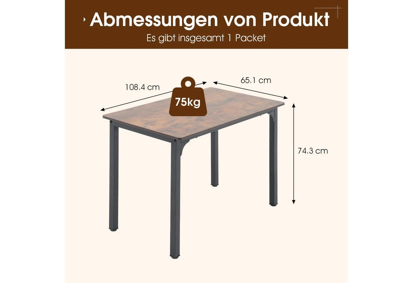 JOIVI Esstisch Industrial Vintage Braun Schwarz MDF Tischplatte