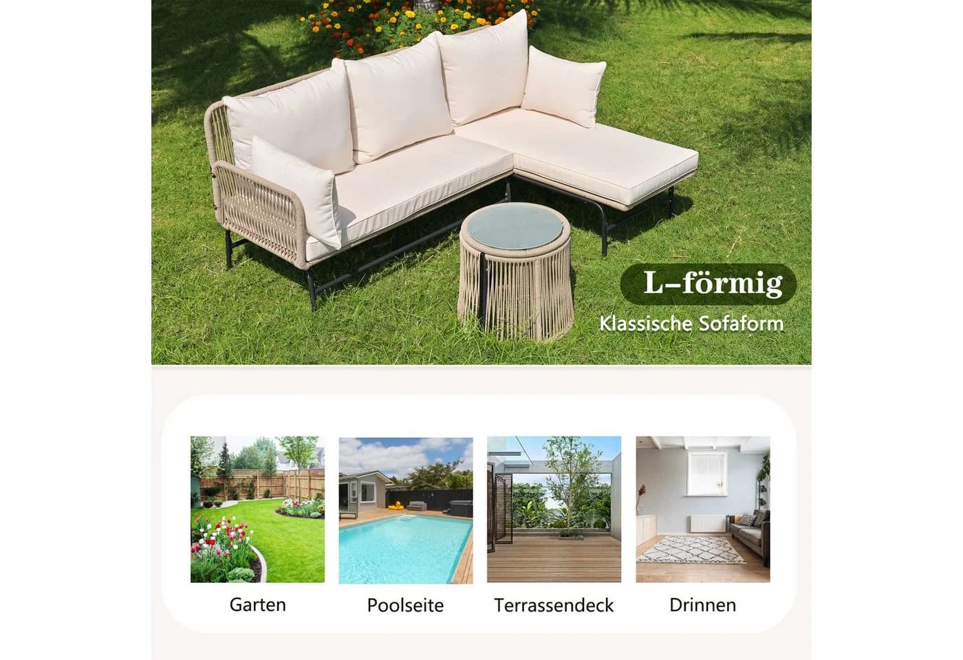 KLAM HOME Gartenlounge-Set Korbgeflecht Eisenrahmen Beige L-förmig - Bild 4