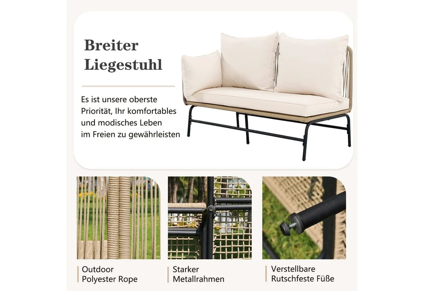 KLAM HOME Gartenlounge-Set Korbgeflecht Eisenrahmen Beige L-förmig - Bild 5
