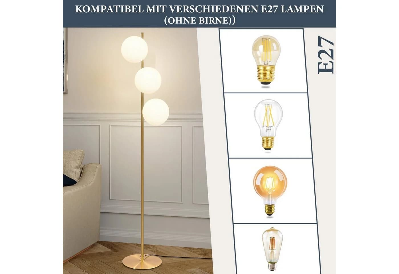 ZMH Stehlampe Wohnzimmer Industrial Modern Schwarz/Gold - Bild 4
