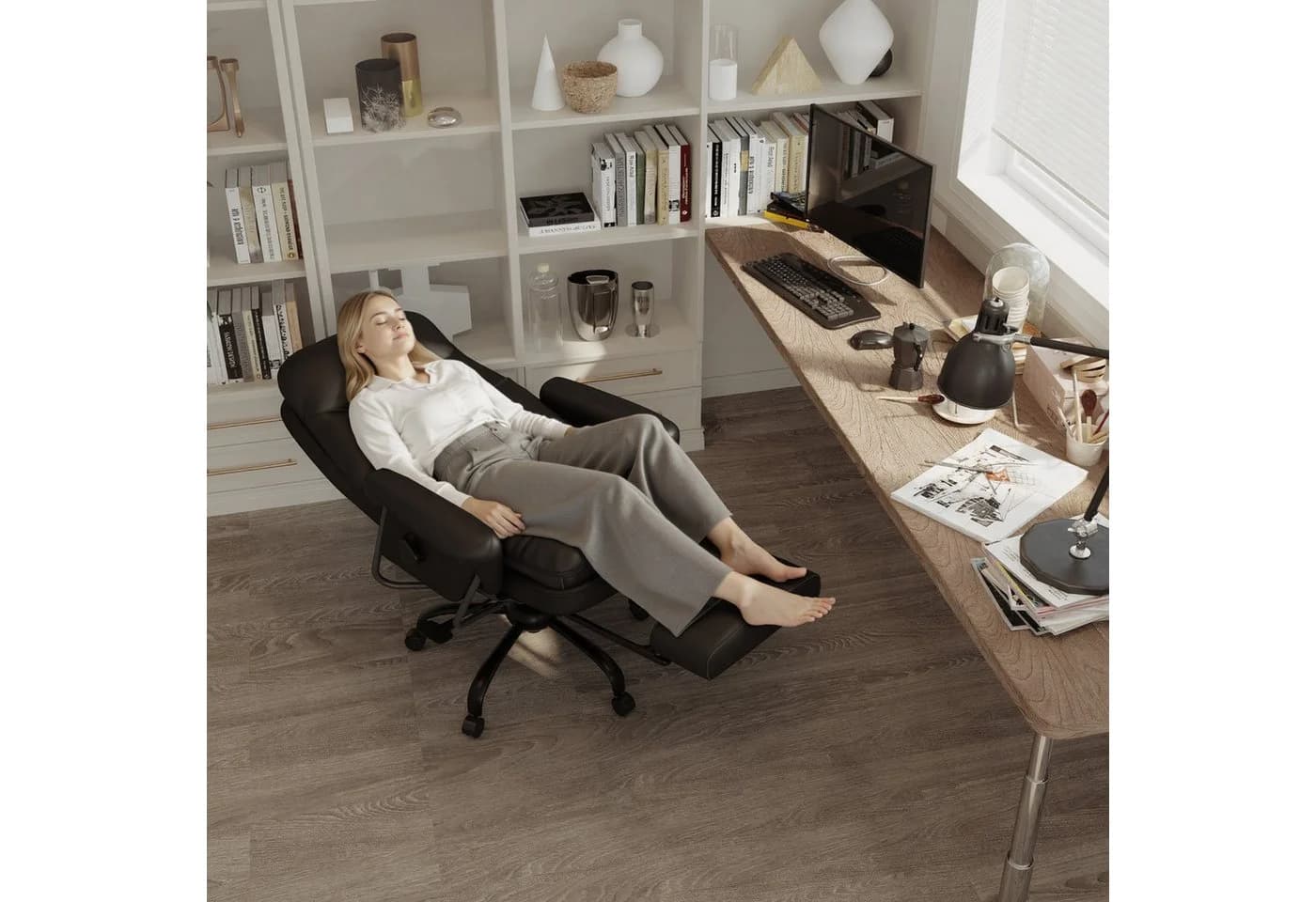 FLEXISPOT Drehstuhl 3-in-1 Ergonomischer Relax- & Bürostuhl mit 160° Liegefunktion Beige - Bild 4