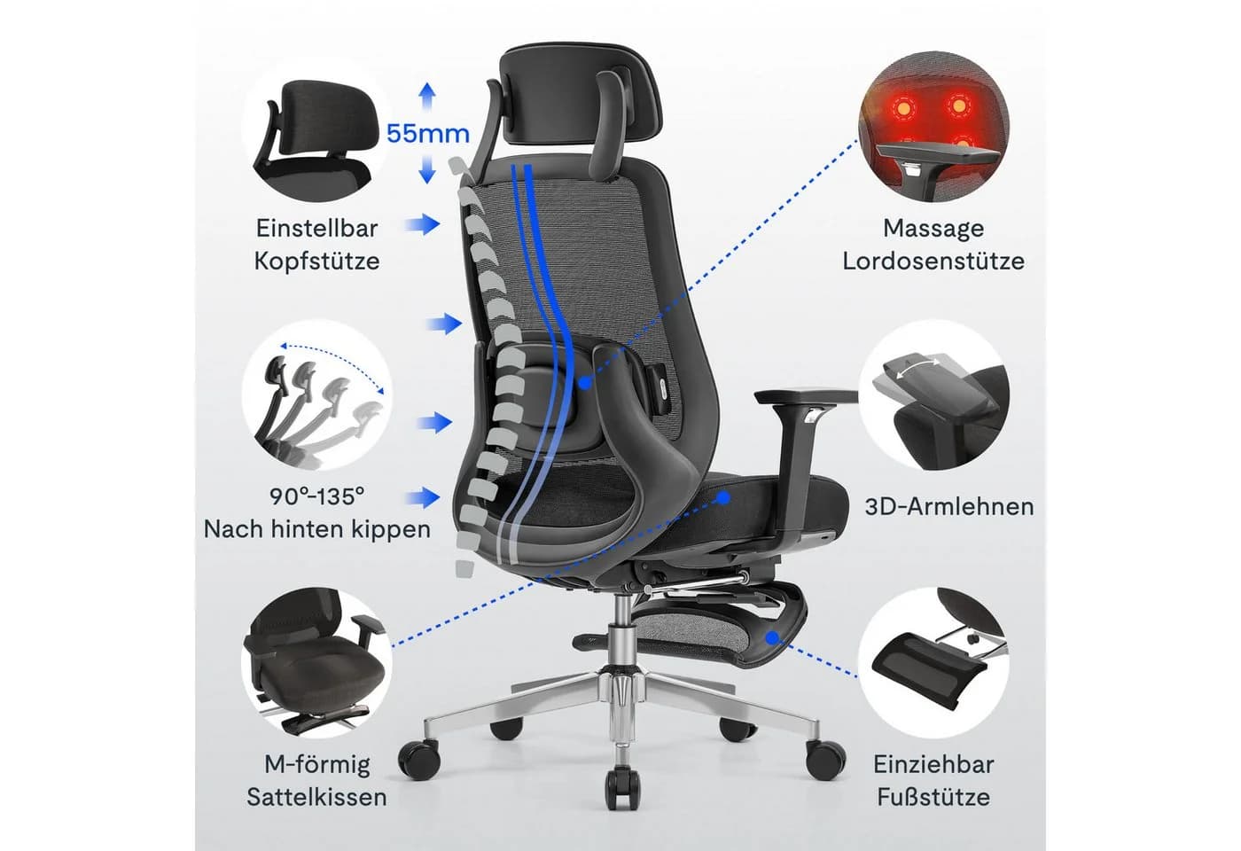 FLEXISPOT Bürostuhl MasterEase Massage Bürostuhl mit Fußstütze Schwarz - Bild 4