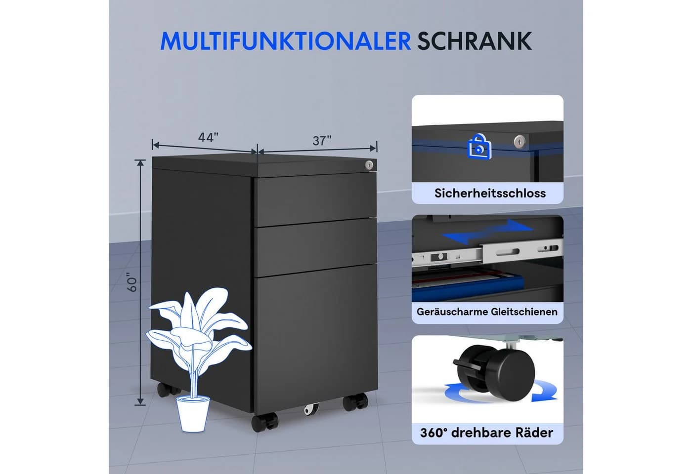 FLEXISPOT Rollcontainer Aufbewahrungsschrank 3 Schubladen Schwarz