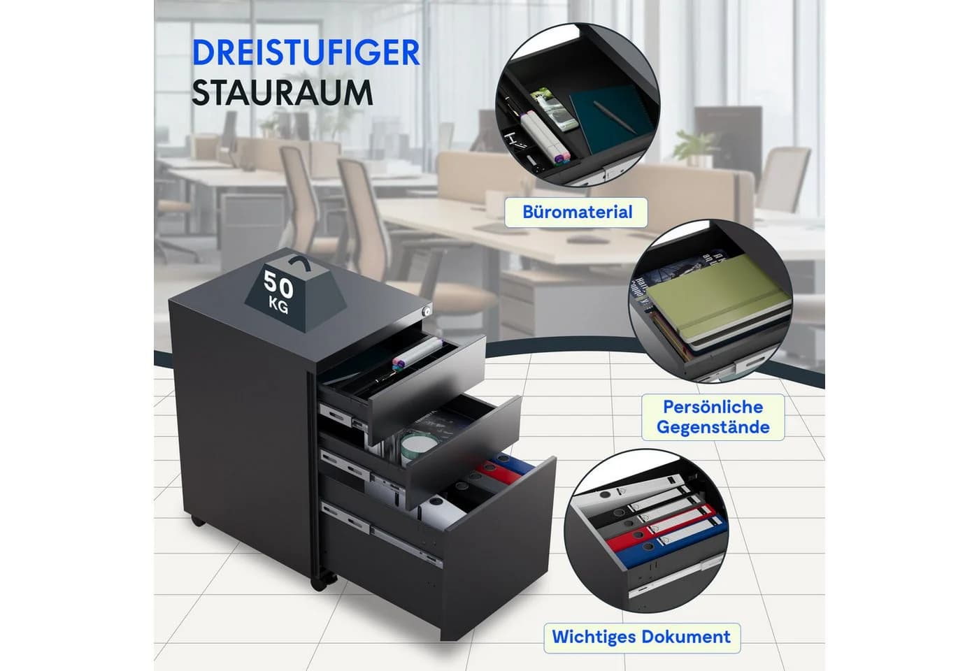 FLEXISPOT Rollcontainer Aufbewahrungsschrank 3 Schubladen Schwarz - Bild 4