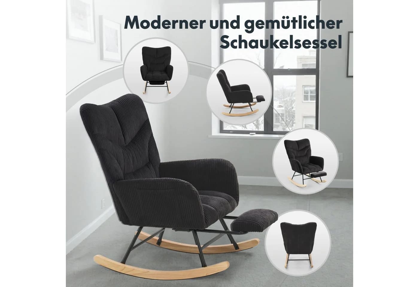 FLEXISPOT Schaukelstuhl mit Hoher Rückenlehne & Fußstütze Schwarz - Bild 4