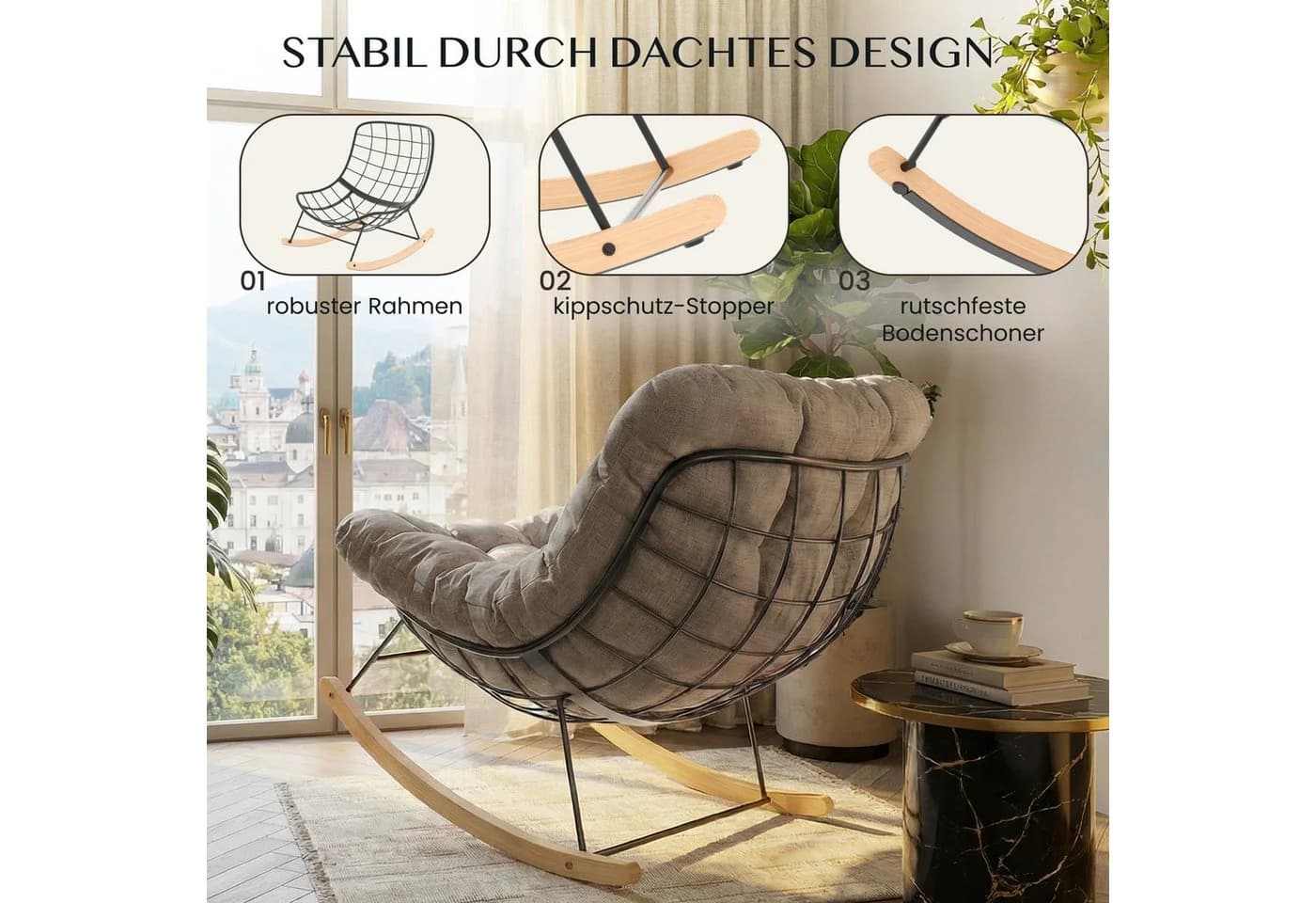FLEXISPOT Schaukelsessel Braun Leinenoptik mit Kopfkissen - Bild 4